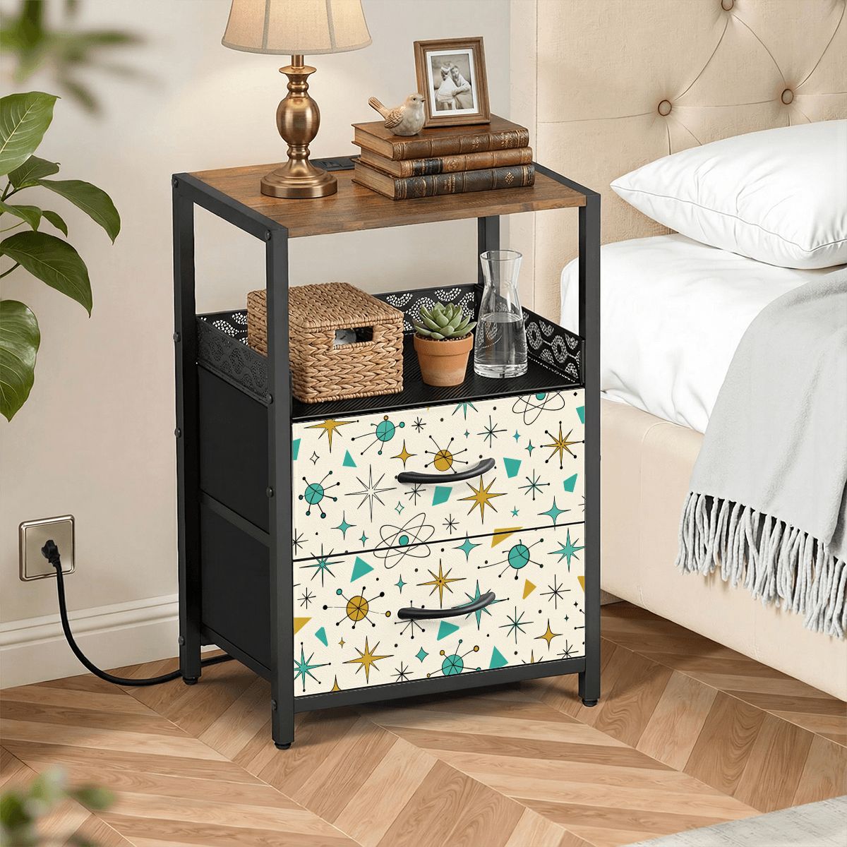 2-Drawer Bedside Table with Built-In Power Strip