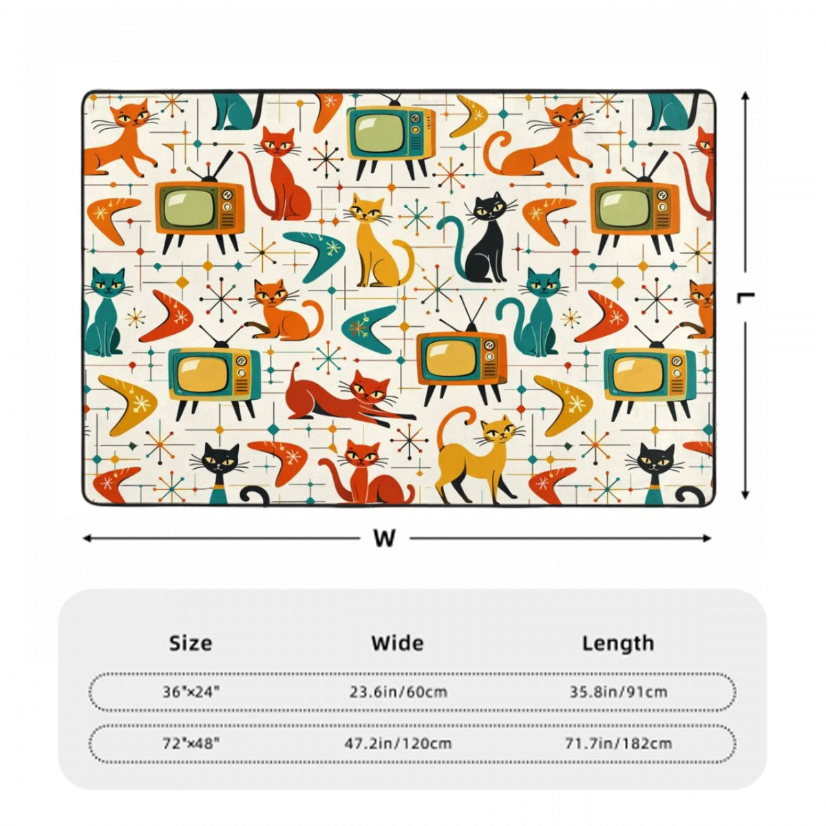 🐾 Atomic Kitsch Area Rug – Retro Cats, TVs & Starbursts in Soft Flannel