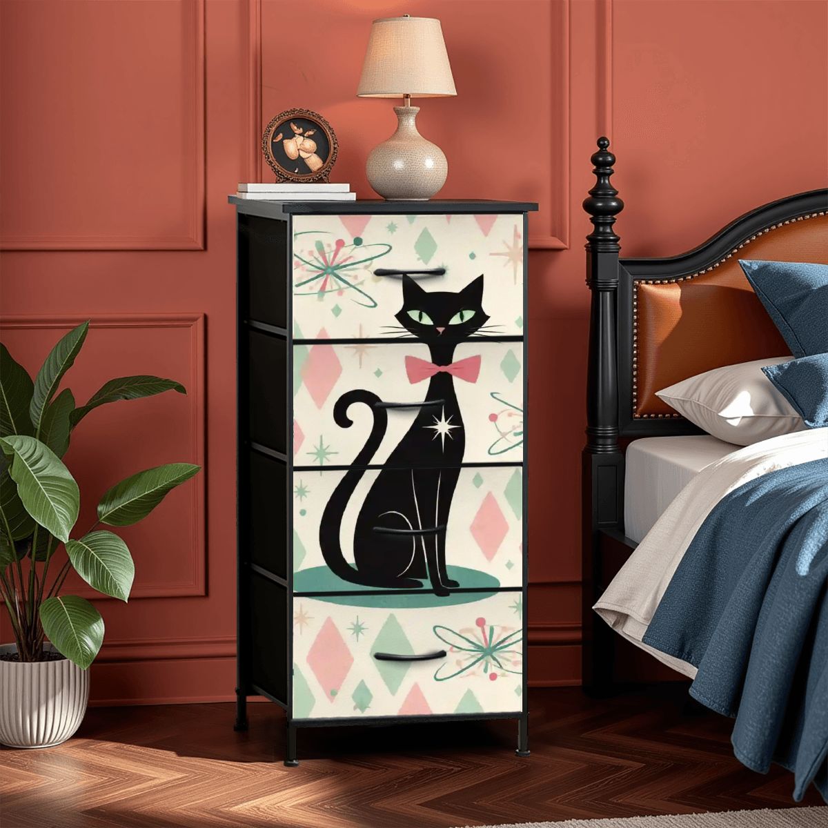 🐾 Atomic Cat 4-Drawer Dresser – MCM Storage with Faux-Leather Finish