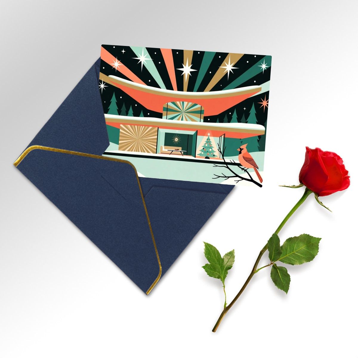 🌞 Atomic Kitsch Golden Edge Greeting Card – Sunburst & Silhouette Edition (Horizontal)