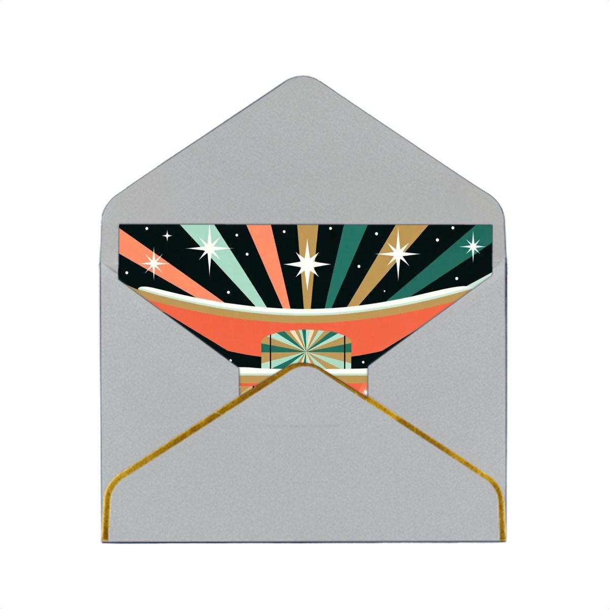 🌞 Atomic Kitsch Golden Edge Greeting Card – Sunburst & Silhouette Edition (Horizontal)