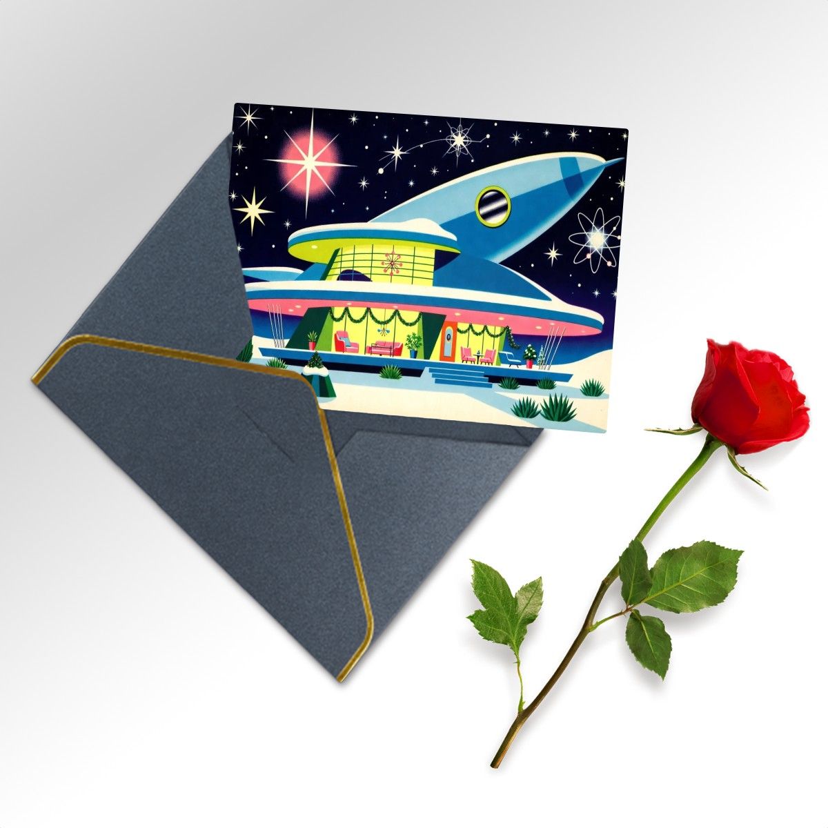 🚀 Atomic Kitsch Golden Edge Greeting Card – Rocket & Retro Building Edition (Horizontal)