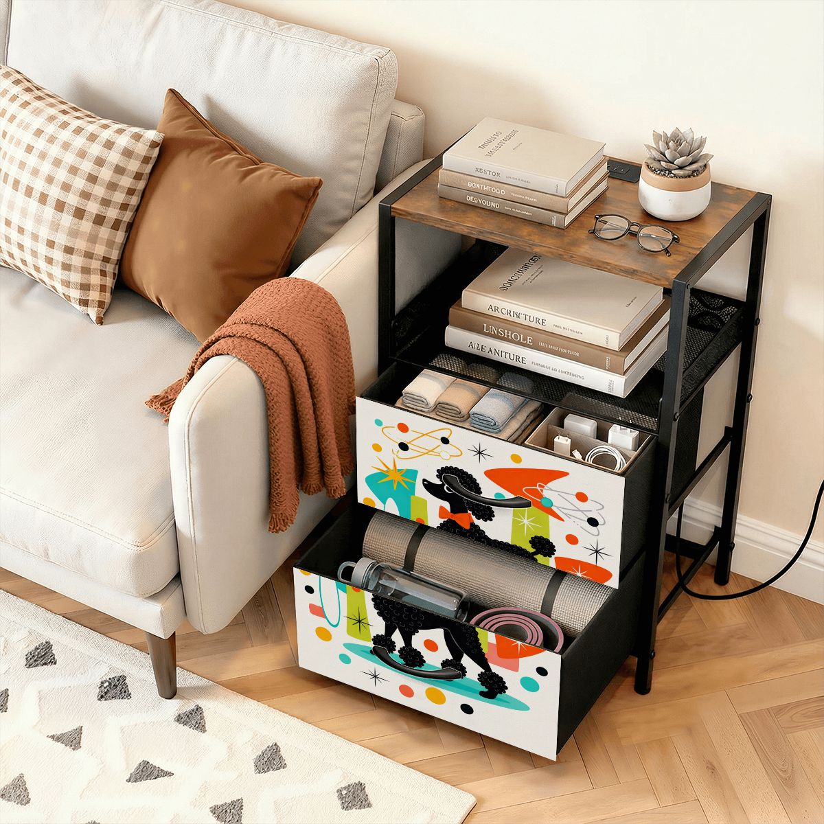 🐩 Atomic Poodle 2‑Drawer Bedside Table with Built‑In Power Strip