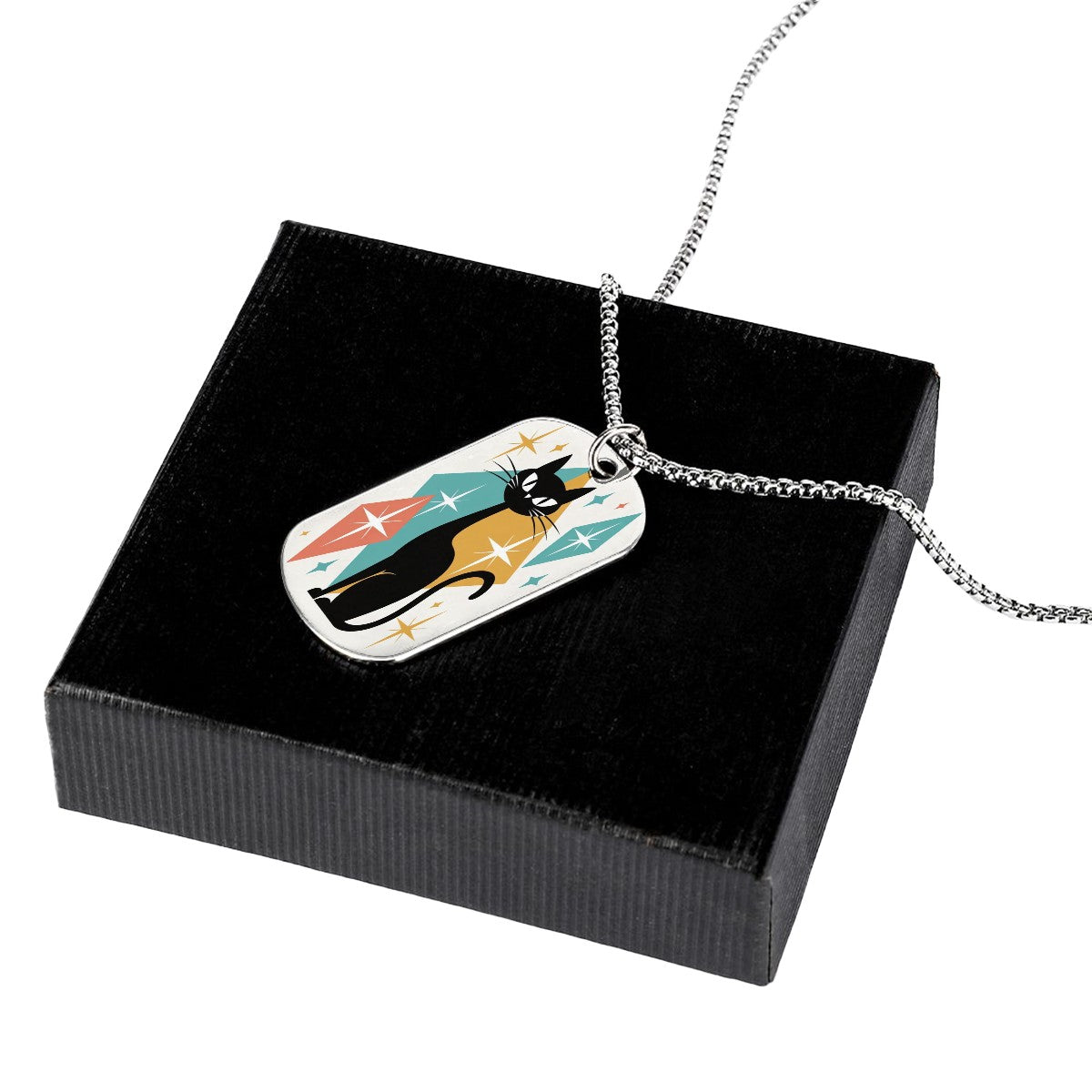 🐈 Atomic Kitsch Memorial Necklace – Black Cat & Starburst Edition