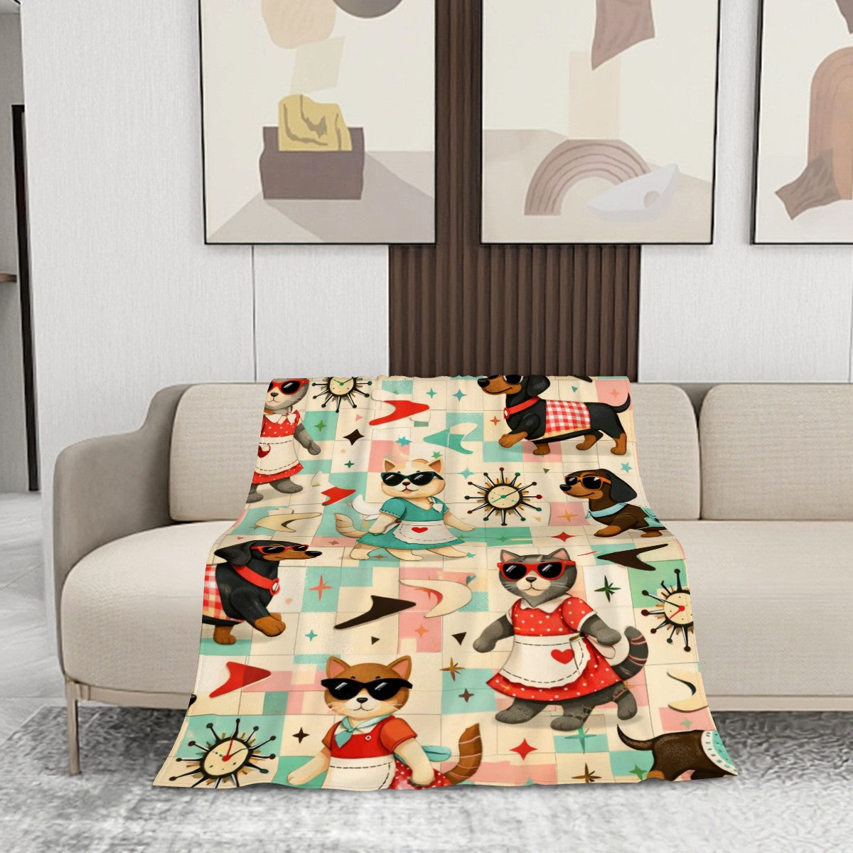 🐾 Atomic Kitsch Flannel Throw Blanket – Nautical Cats & Dogs Edition