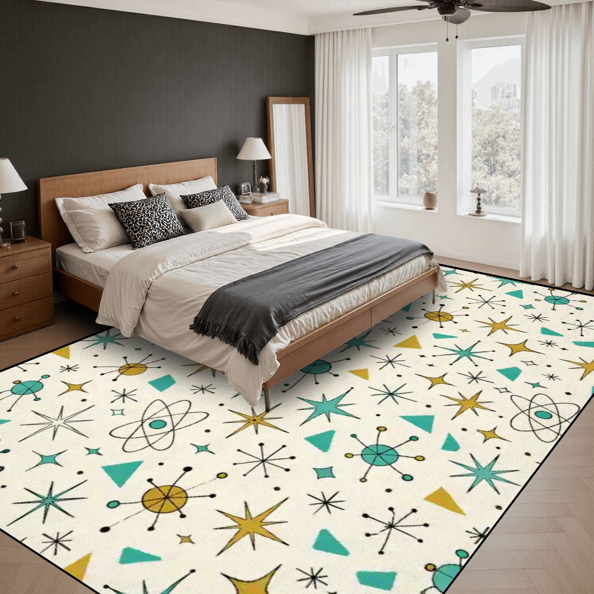 Atomic Kitsch Large Area Rug | Mid-Century Modern Atomic Starburst Floor Carpet (7'x5')