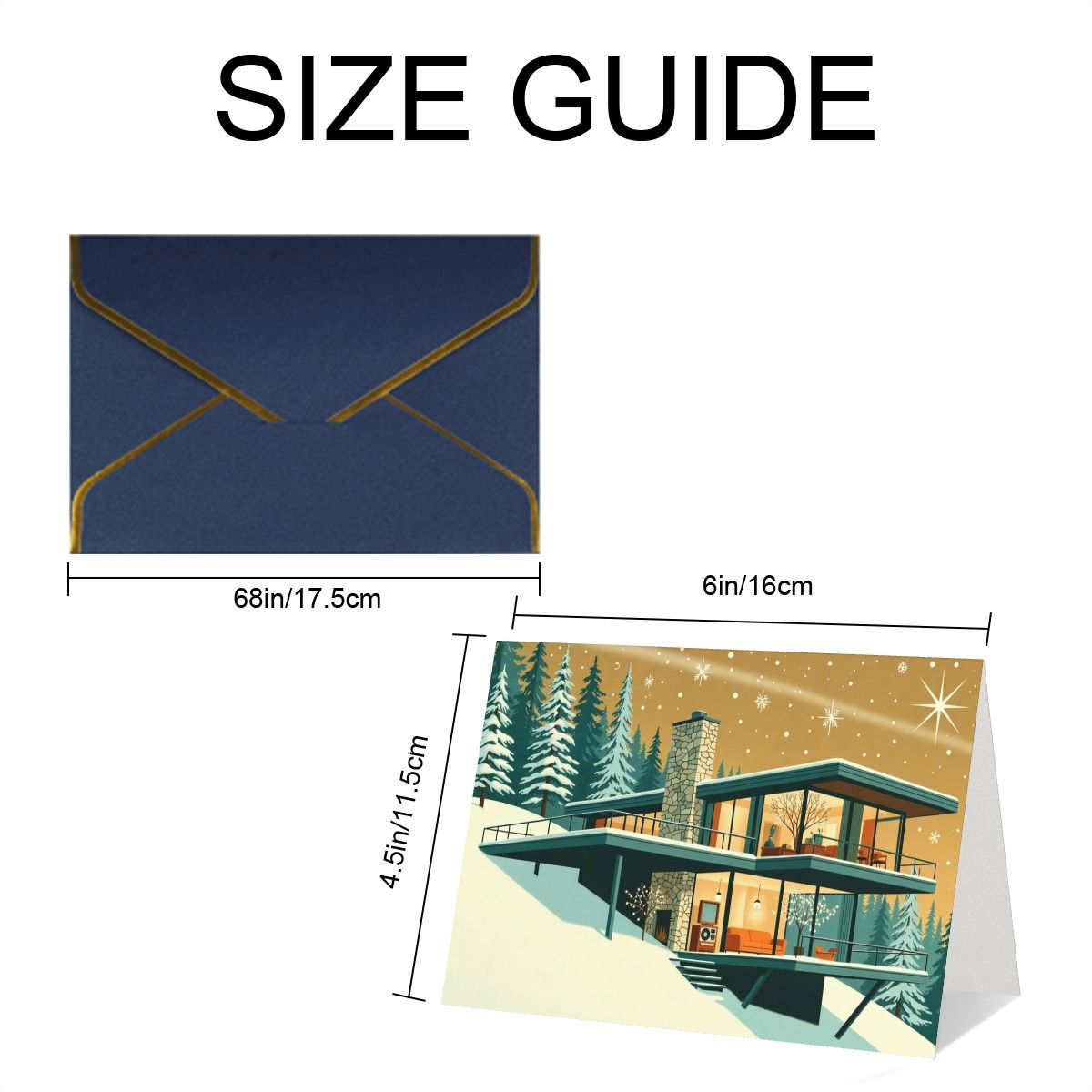 🏠 Atomic Kitsch Golden Edge Greeting Card – Modern Cabin in Snow Edition (Horizontal)