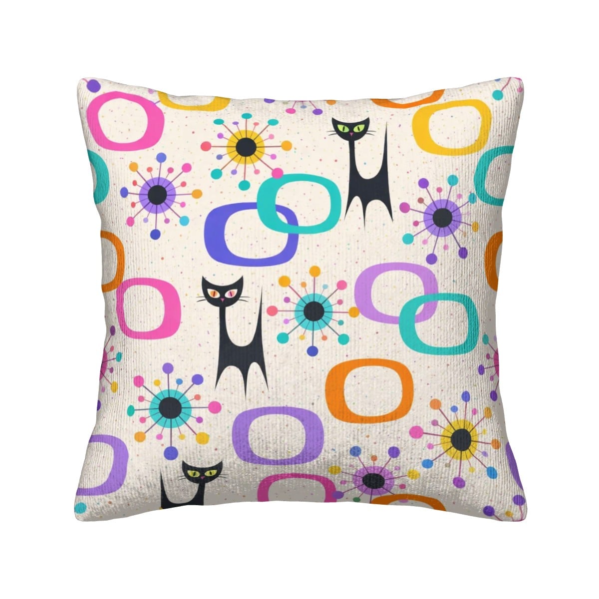 Atomic Cat & Circles Corduroy Throw Pillow - Double-Sided Retro Chic!