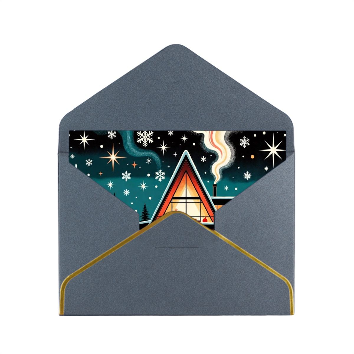 🏡 Atomic Kitsch Golden Edge Greeting Card – A-Frame Cabin Winter Edition (Horizontal)
