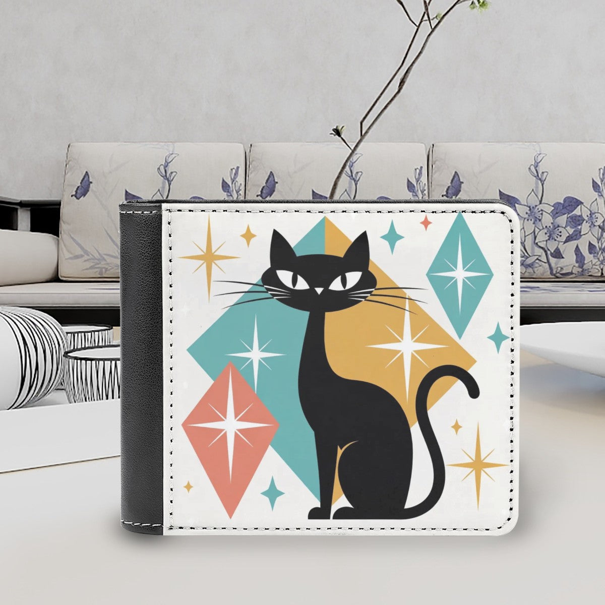 🐈 Atomic Kitsch Leather Wallet – Black Cat & Starburst Edition