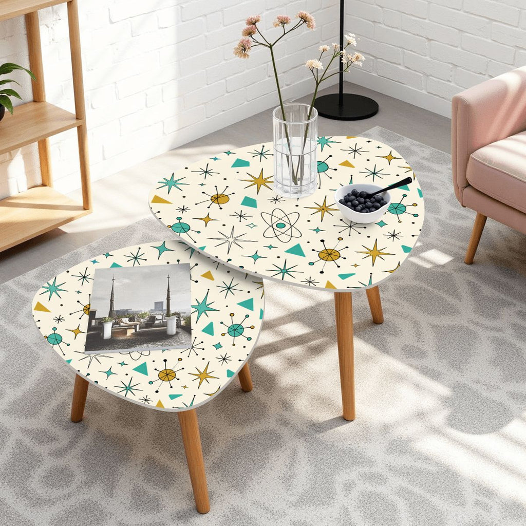 Atomic Kitsch Mid-Century Modern Triangle Nesting Coffee Table Set (2-Piece) | Atomic Starburst Side Tables (Made in USA)