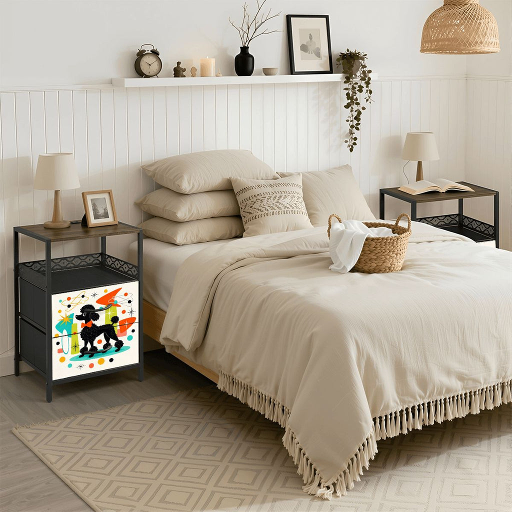 🐩 Atomic Poodle 2‑Drawer Bedside Table with Built‑In Power Strip