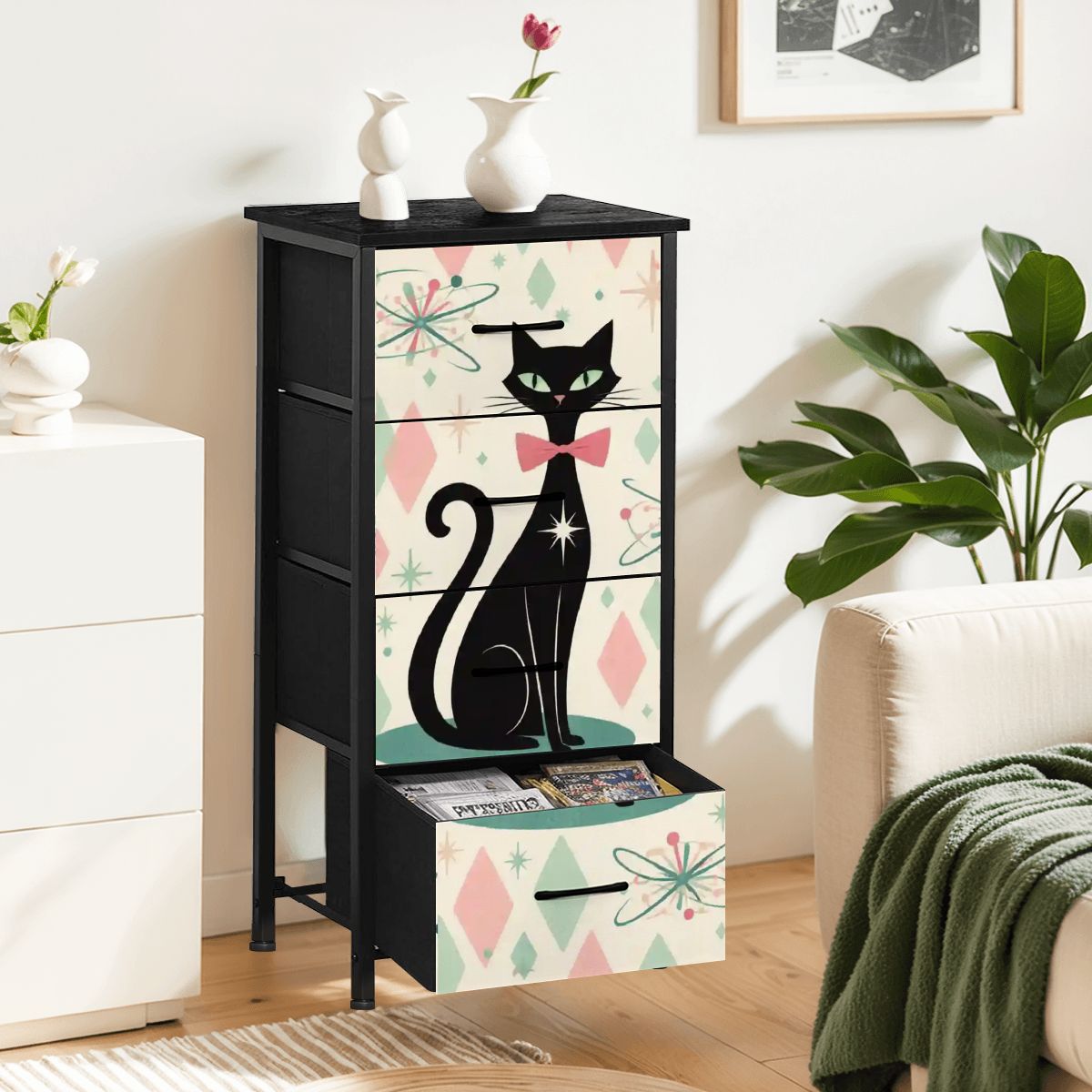 🐾 Atomic Cat 4-Drawer Dresser – MCM Storage with Faux-Leather Finish