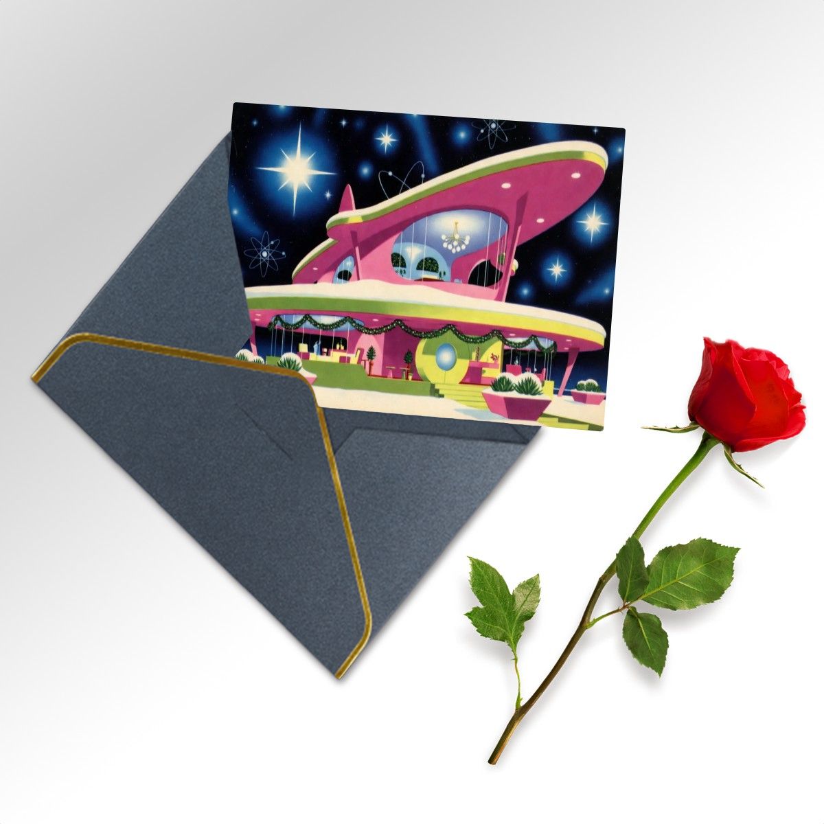 👽 Atomic Kitsch Golden Edge Greeting Card – Alien Holiday Spacecraft Edition (Horizontal)