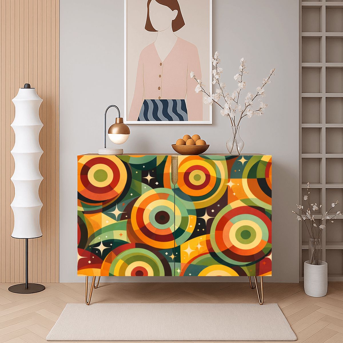 Wooden Storage Cabinet – Retro Atomic Print (Made in USA)