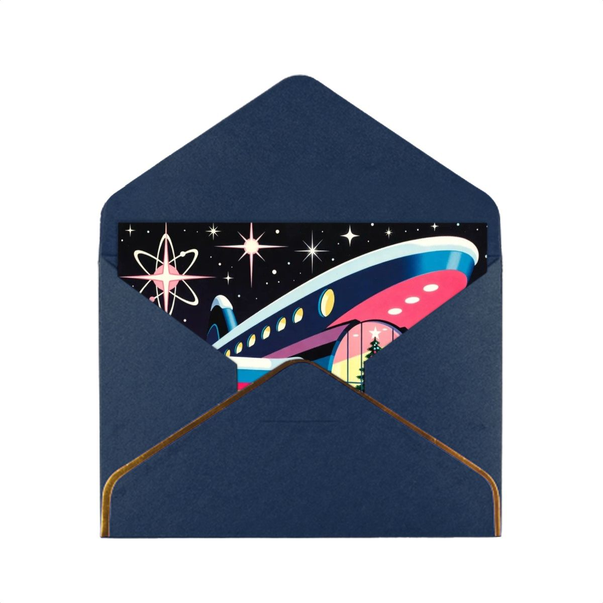 🚀 Atomic Kitsch Golden Edge Greeting Card – Spaceport Christmas Edition (Horizontal)