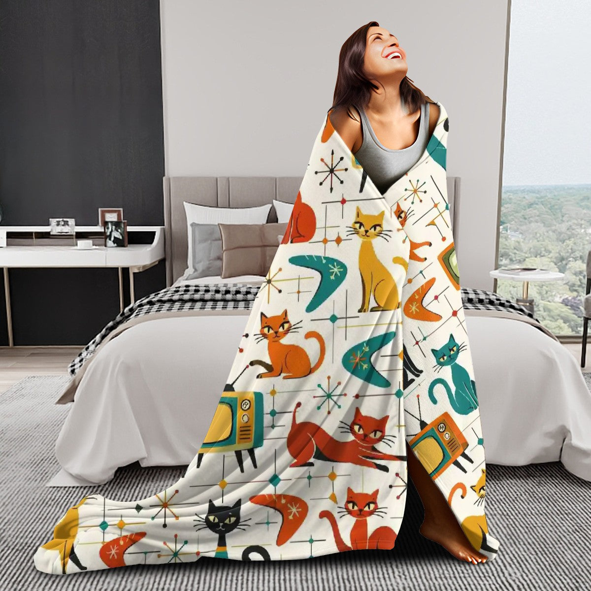 🐾 Atomic Kitsch Flannel Throw Blanket – Retro Cats & TVs Edition (Vertical)