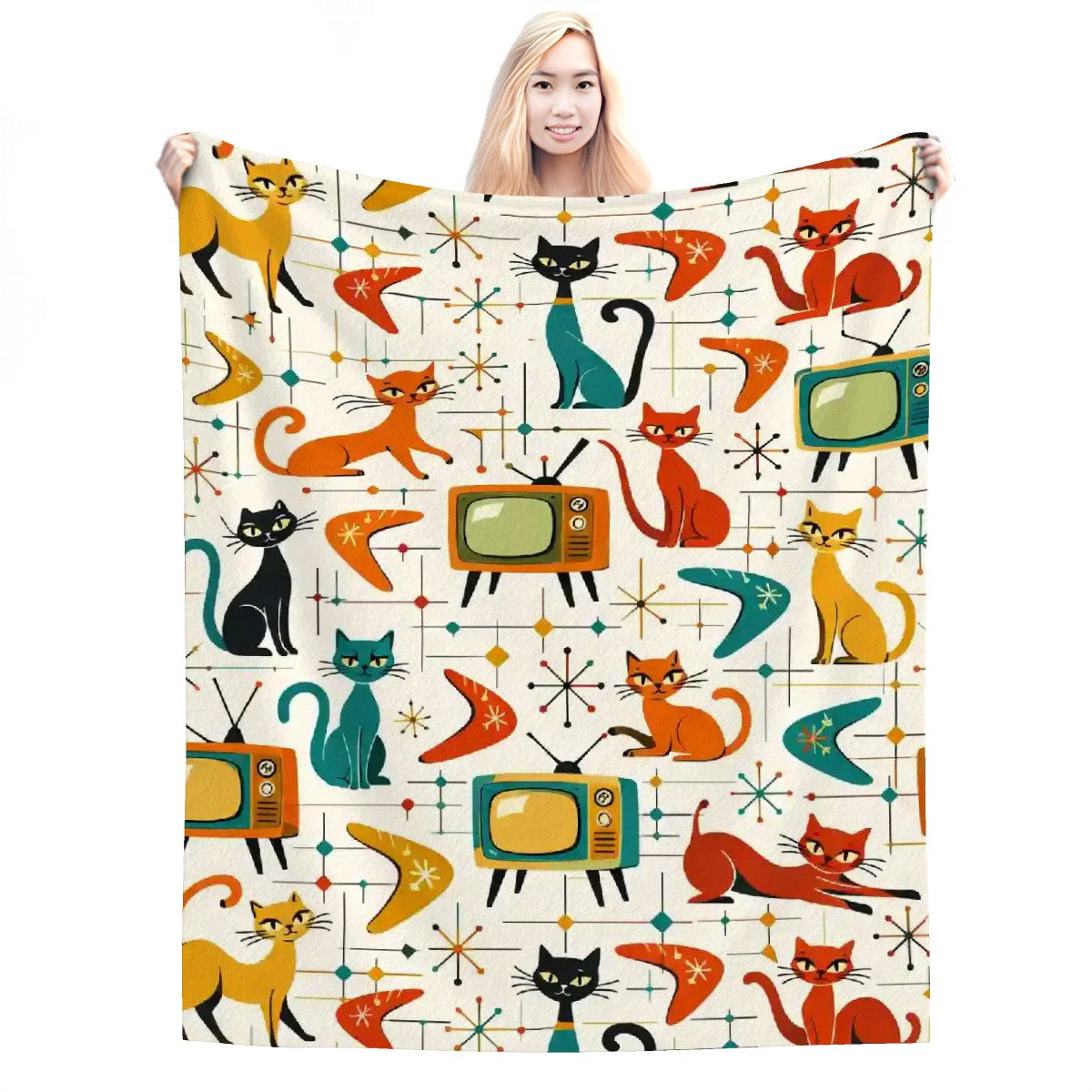 🐾 Atomic Kitsch Flannel Throw Blanket – Retro Cats & TVs Edition (Vertical)