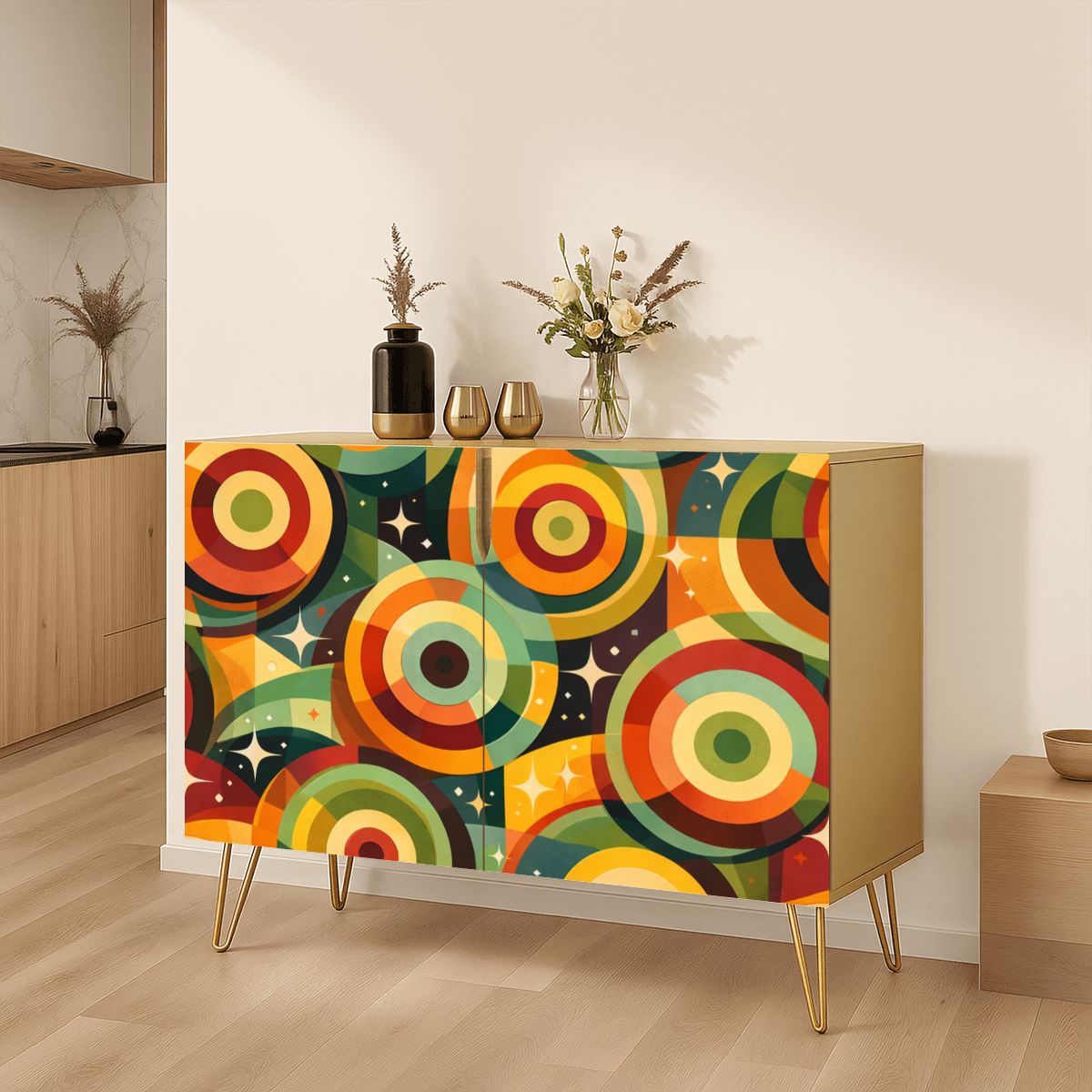 Wooden Storage Cabinet – Retro Atomic Print (Made in USA)