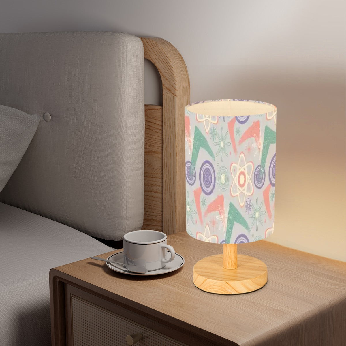 💡 Atomic Kitsch Cylindrical Table Lamp – Pastel Abstract Edition