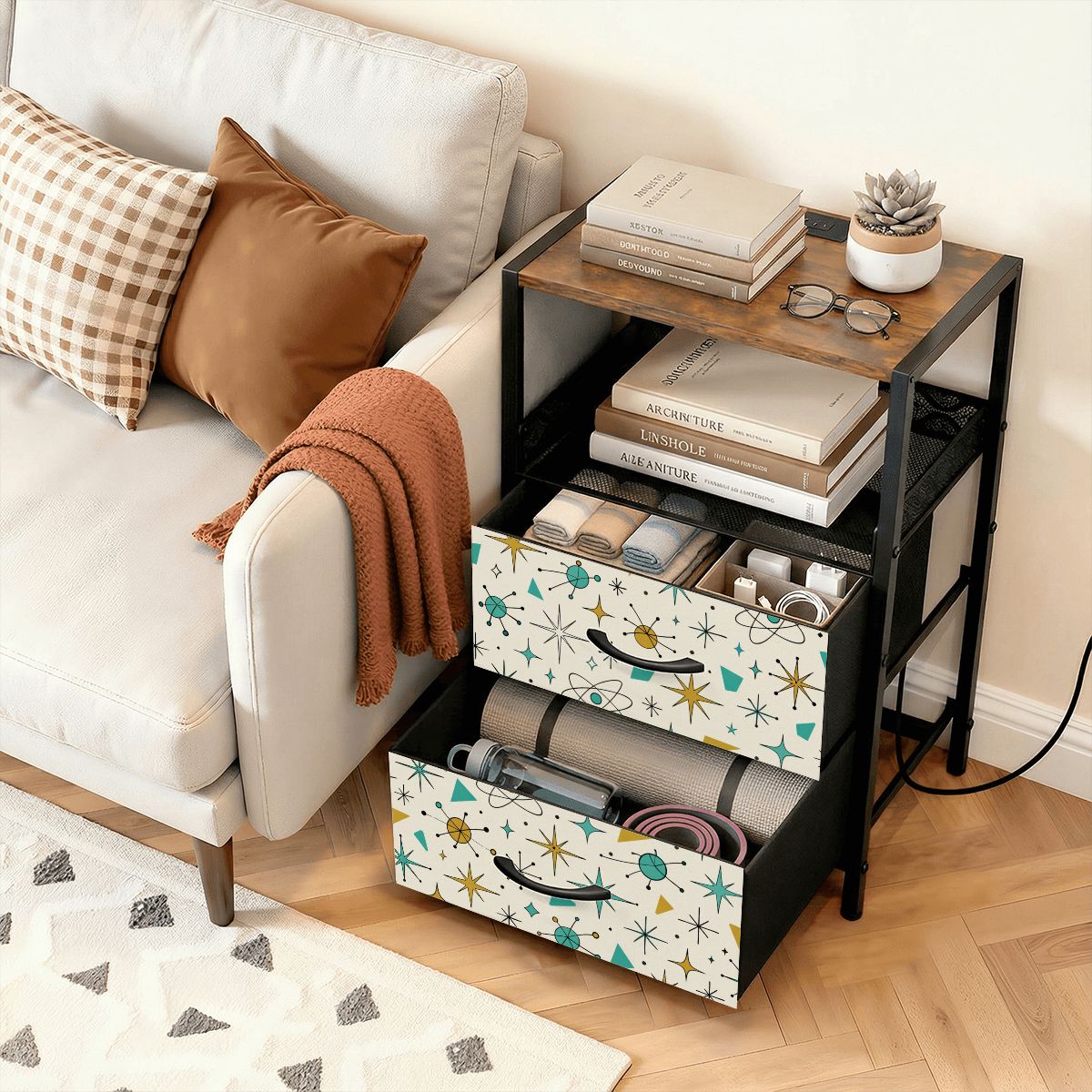2-Drawer Bedside Table with Built-In Power Strip