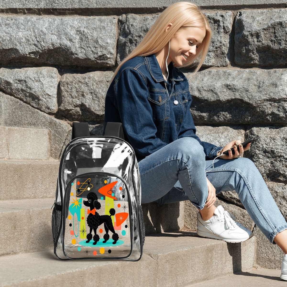 🐩 Atomic Poodle Clear Backpack Set of 3 – Backpack, Lunch Bag & Pencil Case