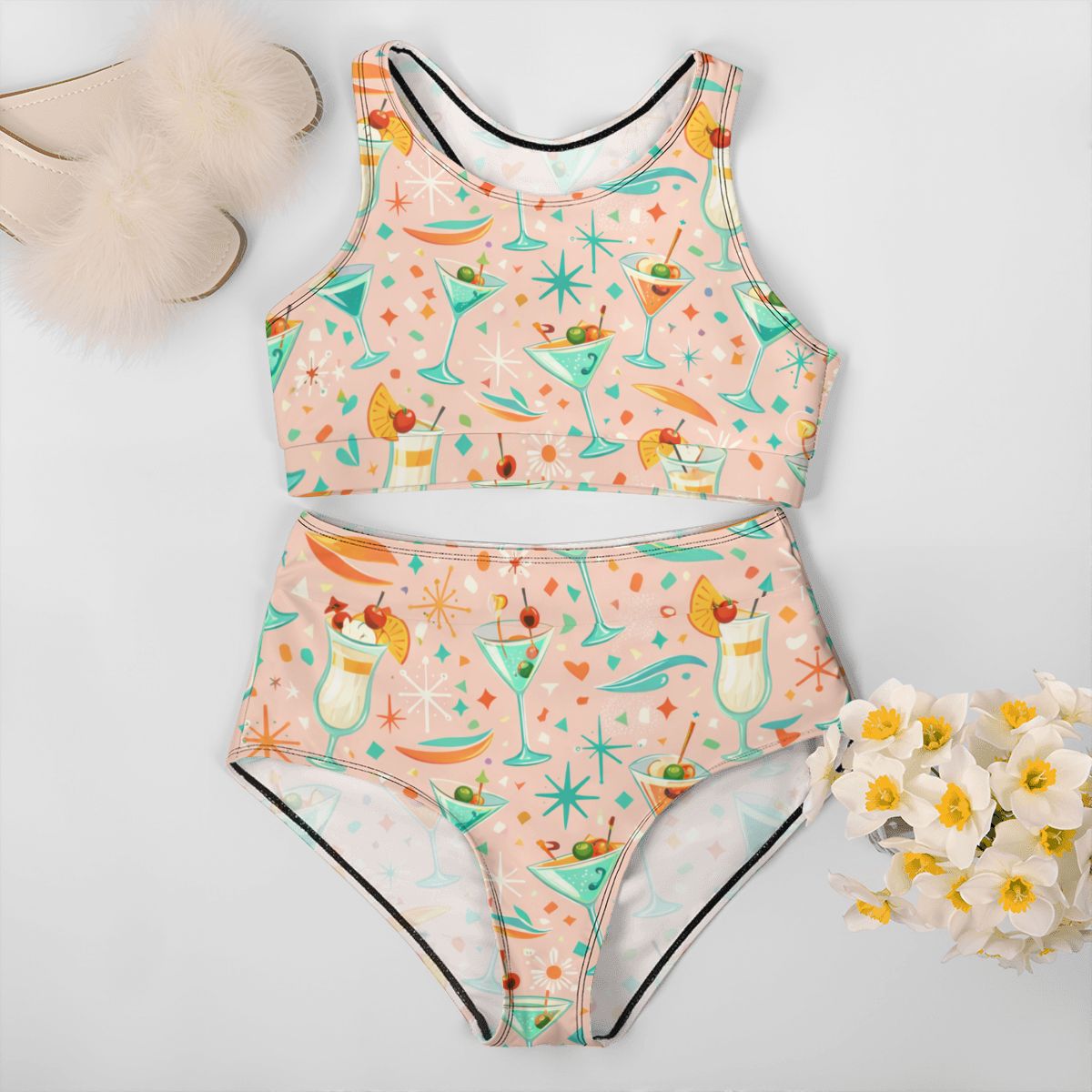 🌸 Atomic Kitsch High-Waisted Bikini Set – Pastel Floral Beach Edition