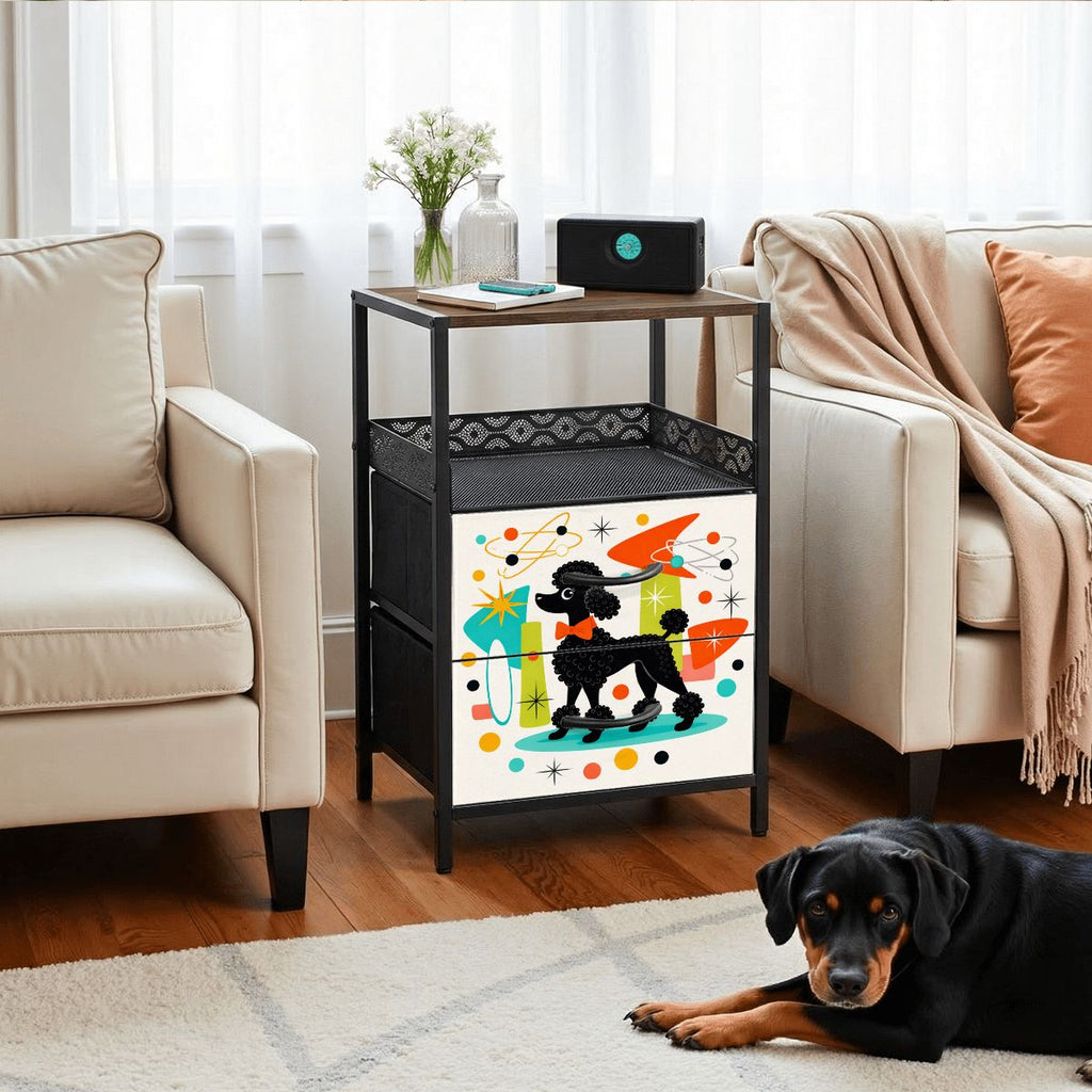 🐩 Atomic Poodle 2‑Drawer Bedside Table with Built‑In Power Strip