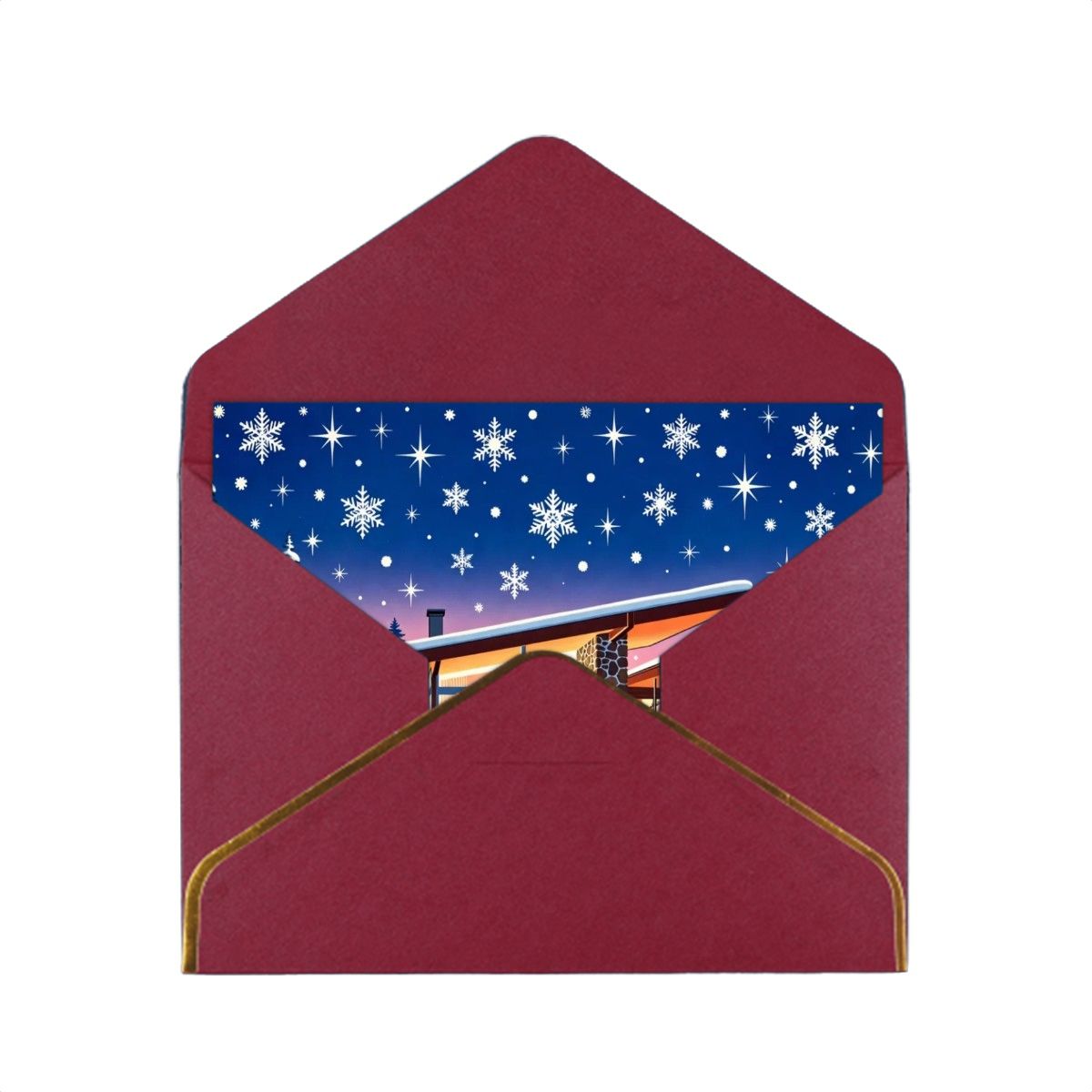 🏡 Atomic Kitsch Golden Edge Greeting Card – Snowy Modern House Edition (Horizontal)