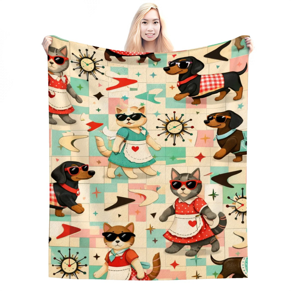 🐾 Atomic Kitsch Flannel Throw Blanket – Nautical Cats & Dogs Edition