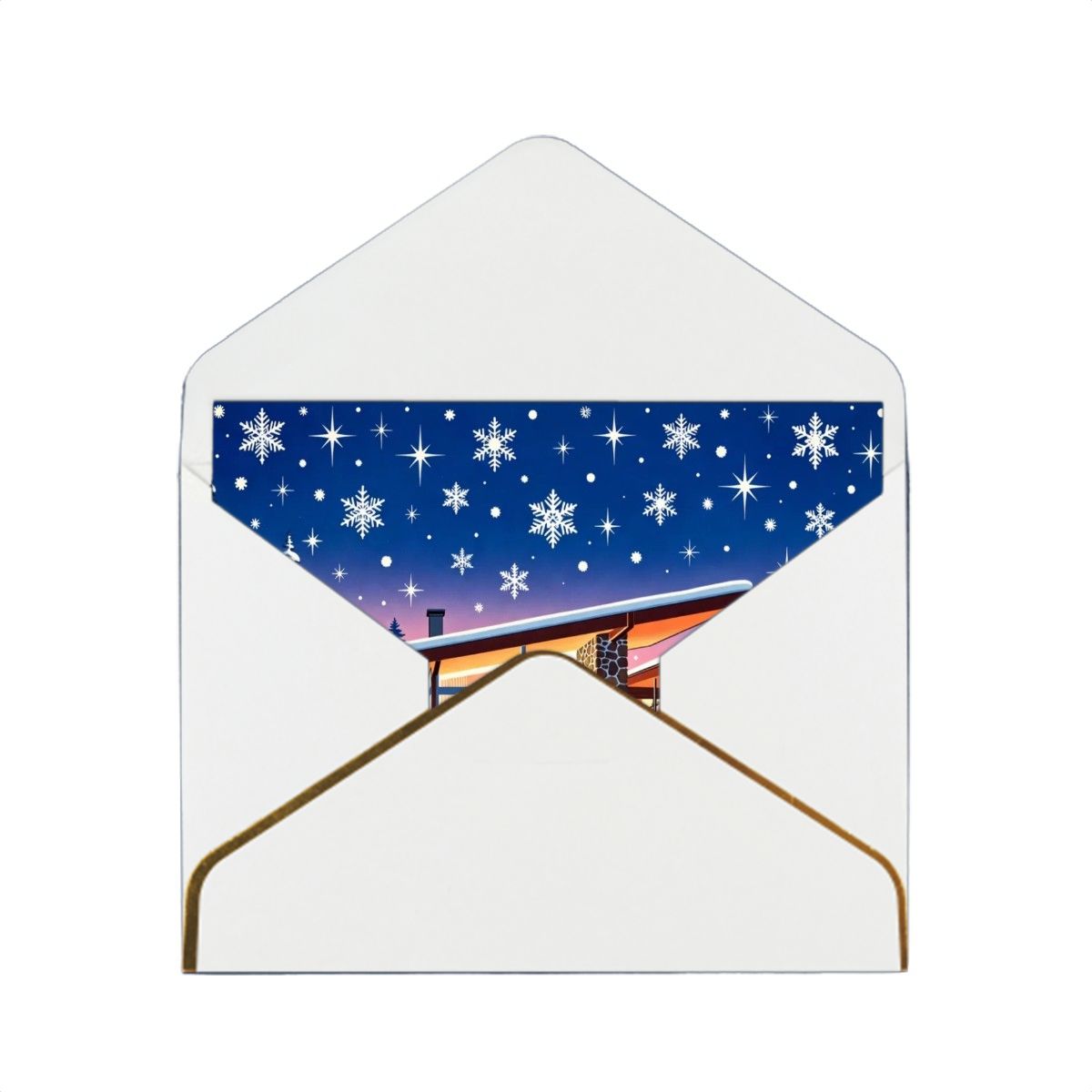 🏡 Atomic Kitsch Golden Edge Greeting Card – Snowy Modern House Edition (Horizontal)