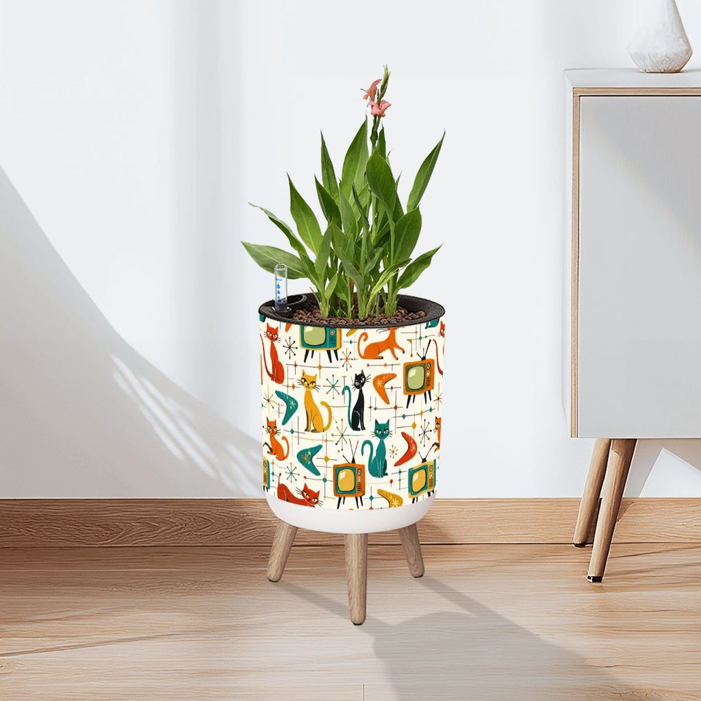 🌿 Atomic Kitsch Flower Pot with Legs – Retro Cats &amp; TV Planter