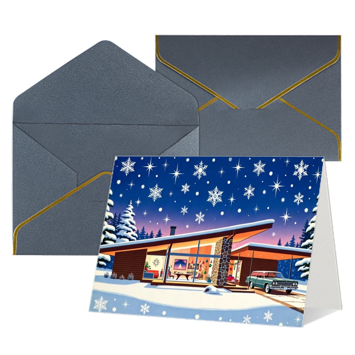 🏡 Atomic Kitsch Golden Edge Greeting Card – Snowy Modern House Edition (Horizontal)