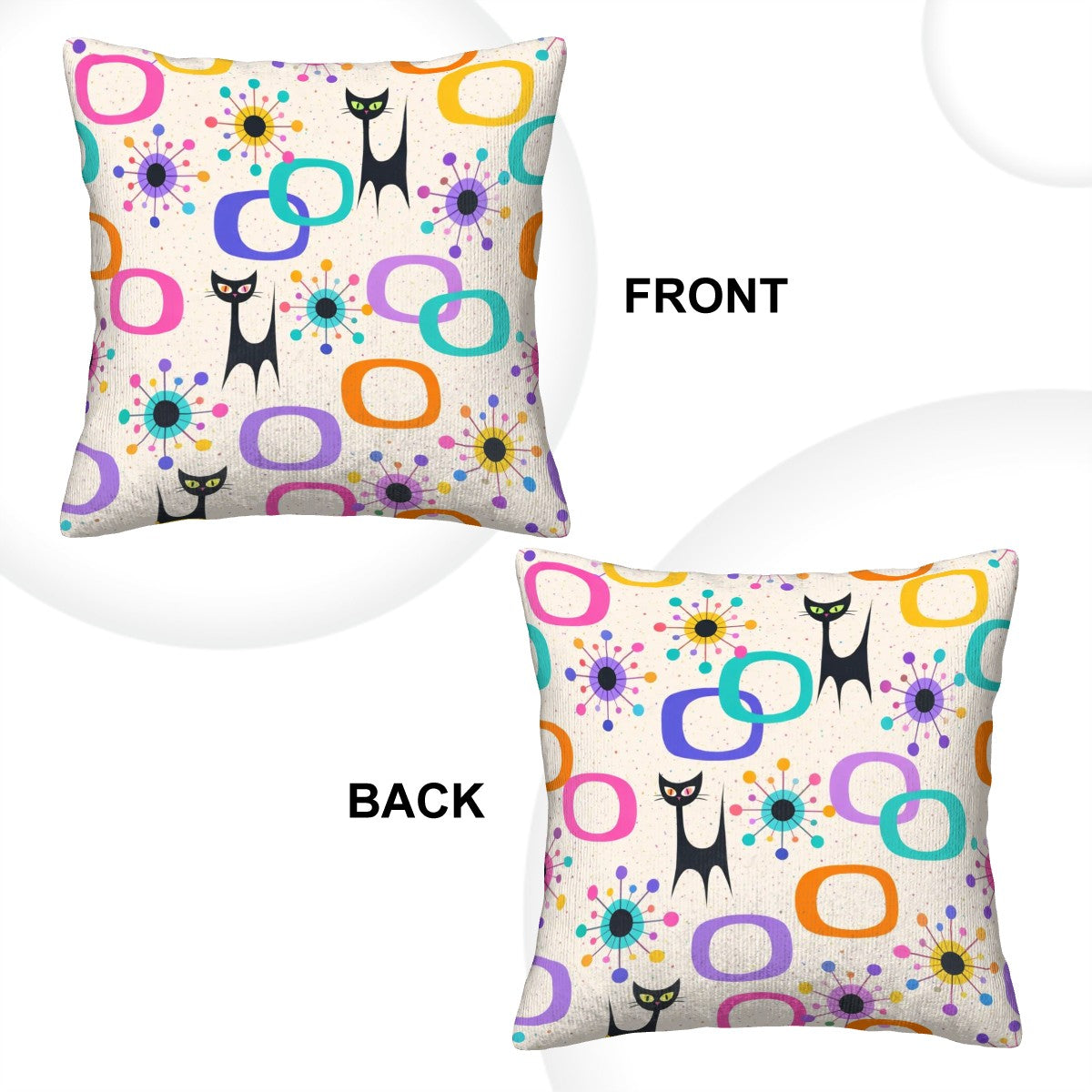 Atomic Cat & Circles Corduroy Throw Pillow - Double-Sided Retro Chic!