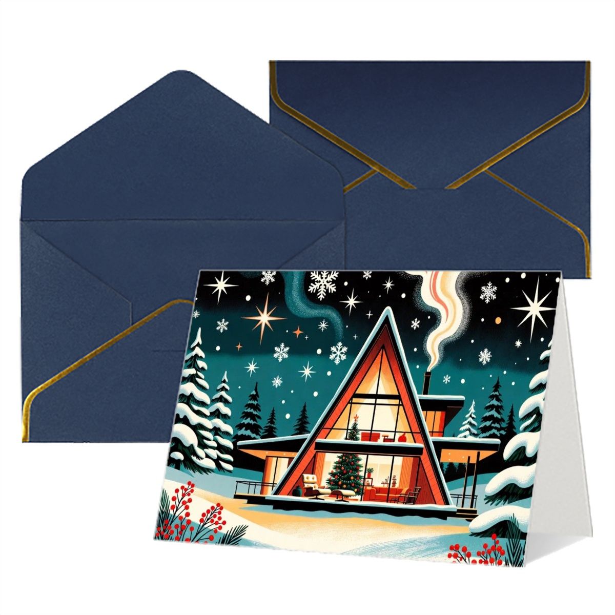 🏡 Atomic Kitsch Golden Edge Greeting Card – A-Frame Cabin Winter Edition (Horizontal)