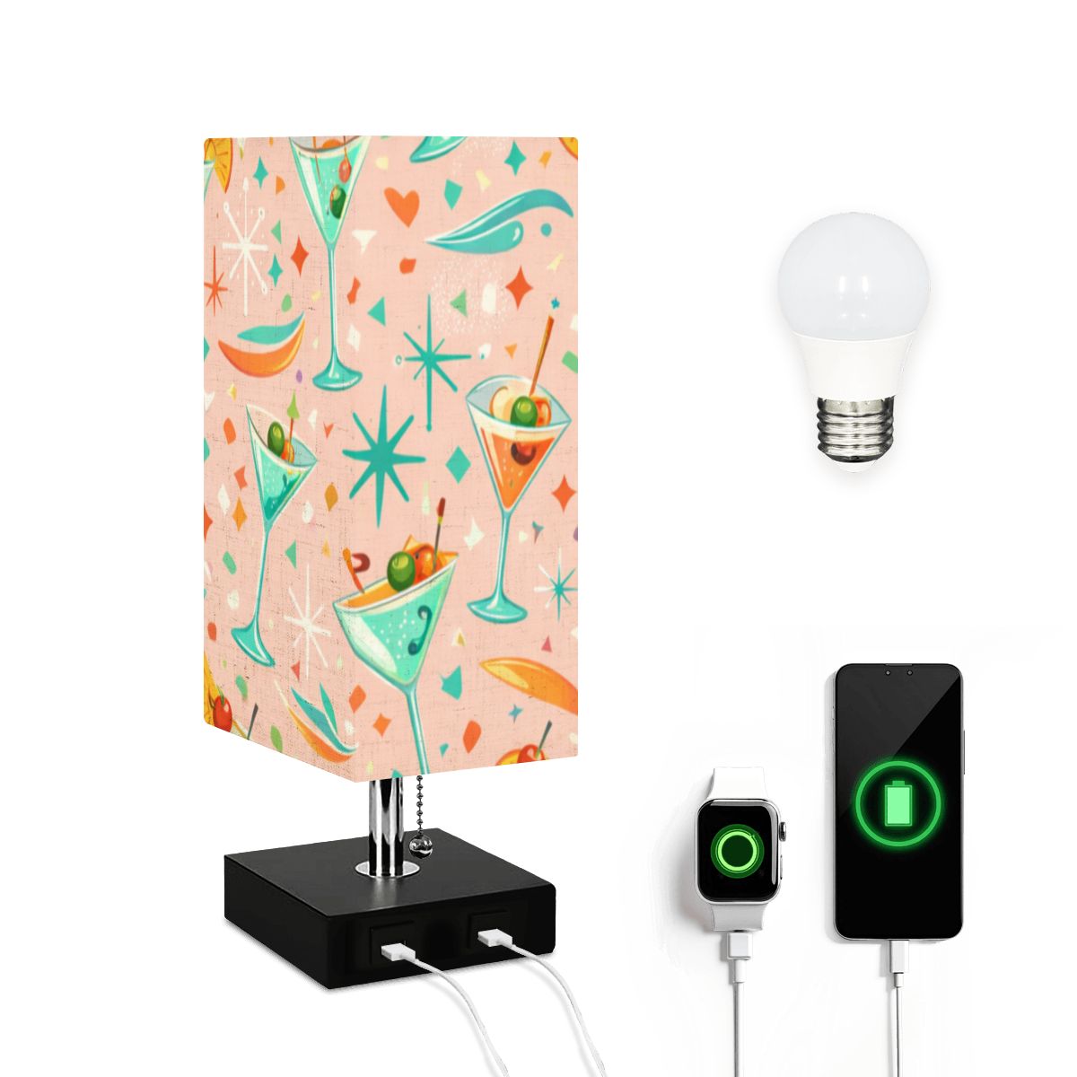 🔌 Atomic Kitsch Square Table Lamp – Starburst USB Edition (No Trim)