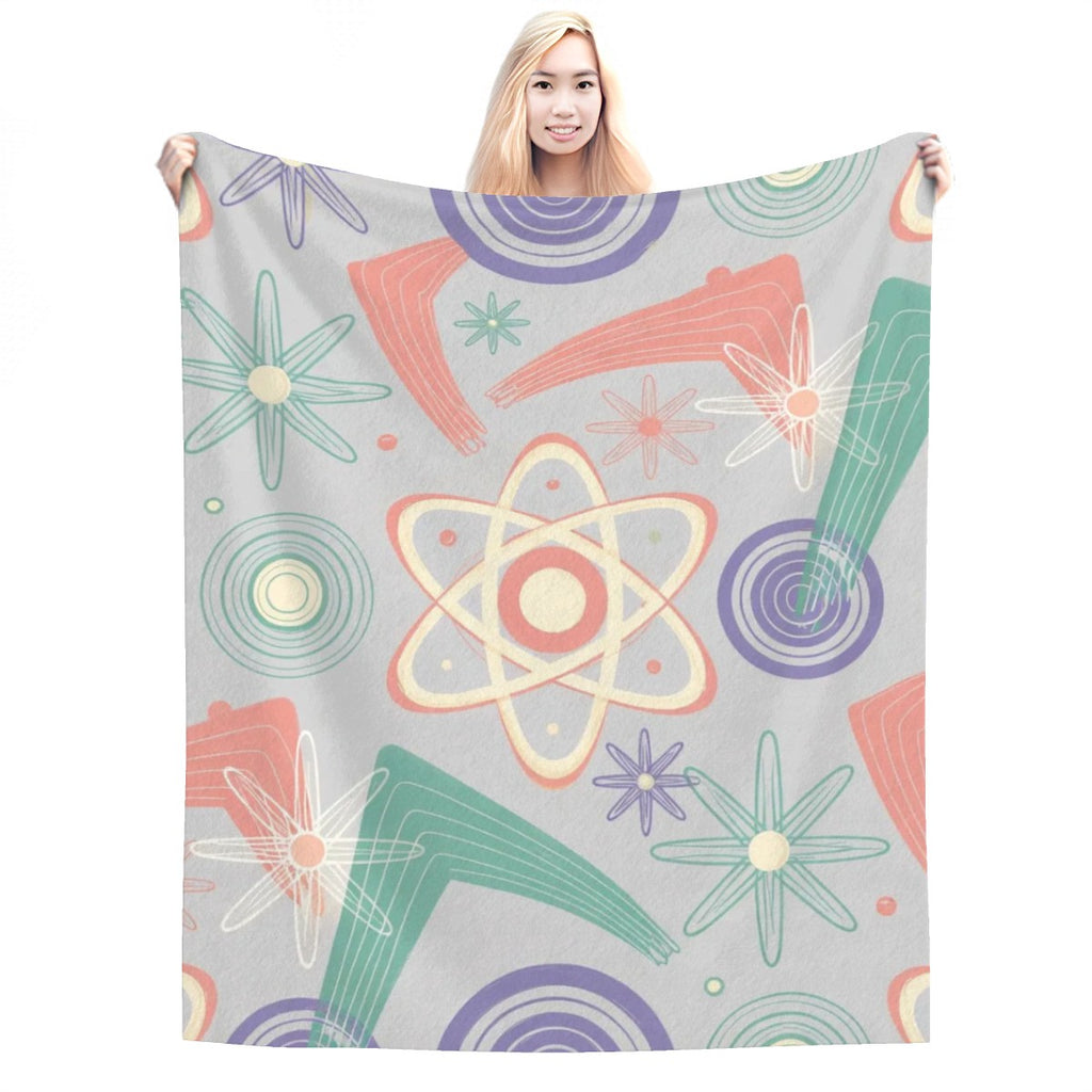 🧪 Atomic Kitsch Flannel Throw Blanket – Pastel Atom & Geometry Edition