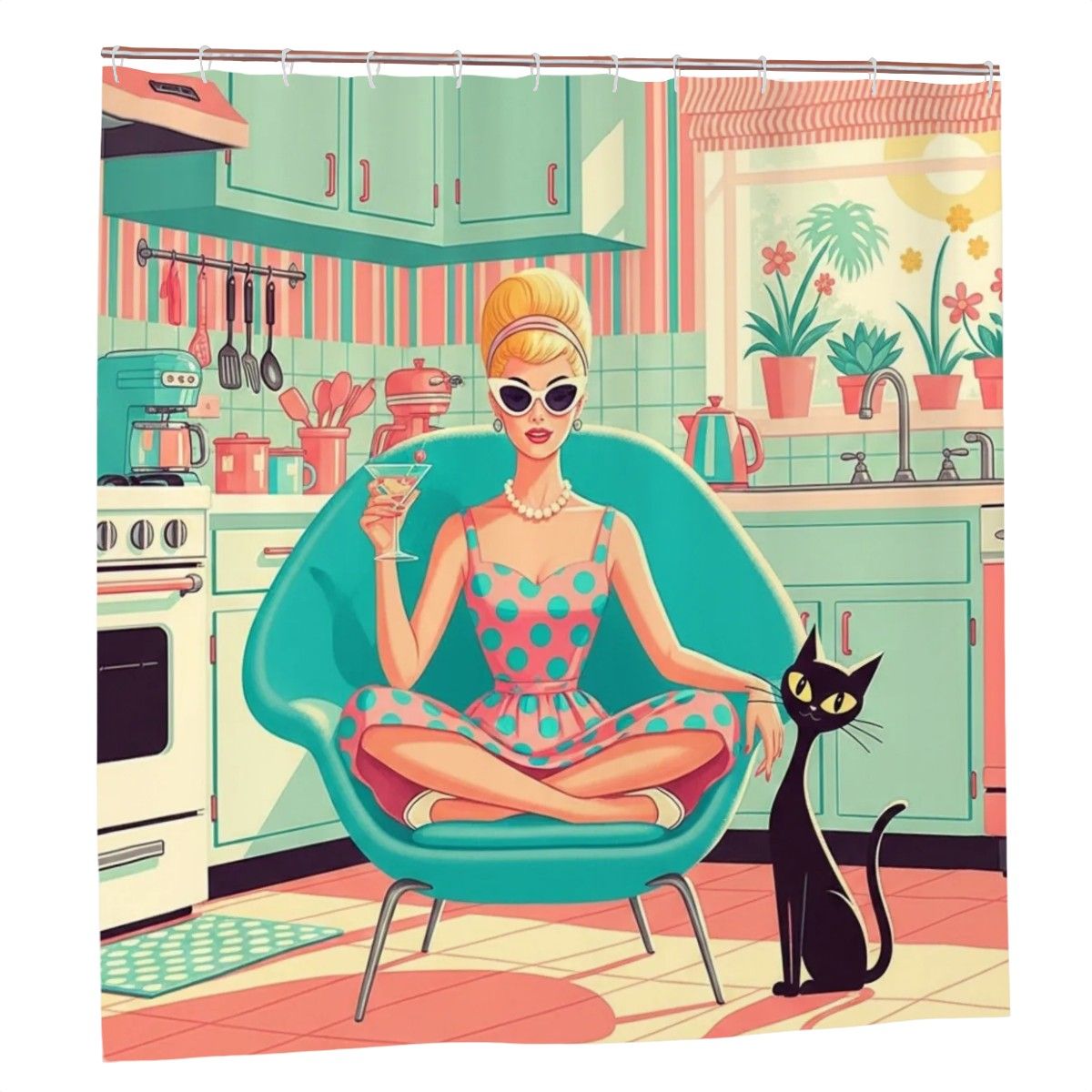 🛁 Atomic Kitchen Diva Shower Curtain – MCM Kitsch Edition