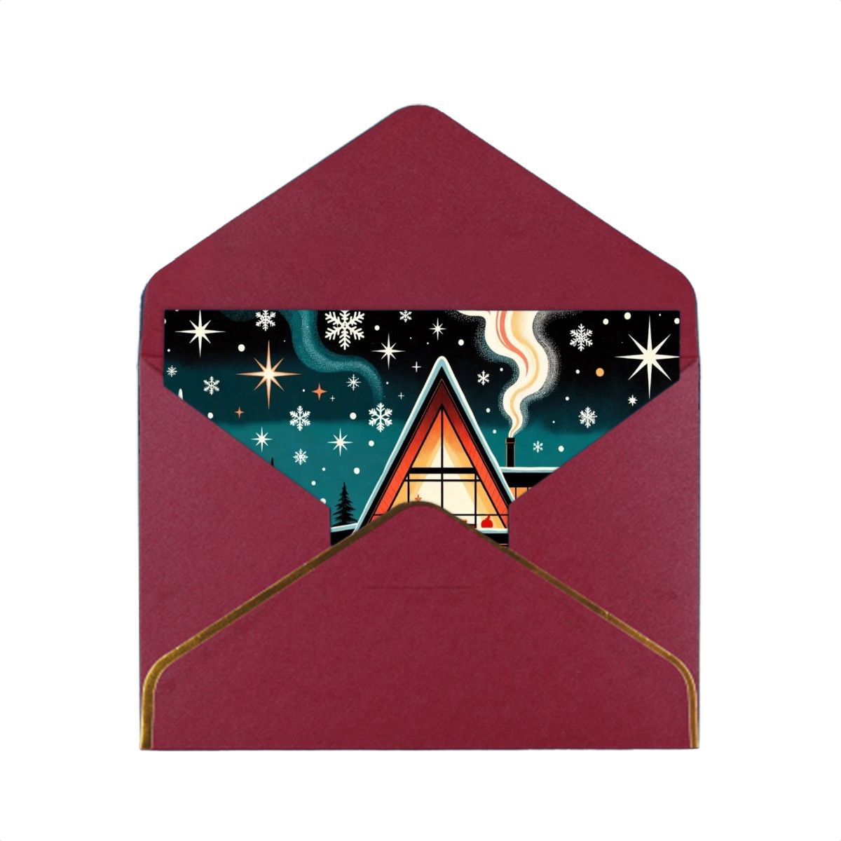 🏡 Atomic Kitsch Golden Edge Greeting Card – A-Frame Cabin Winter Edition (Horizontal)