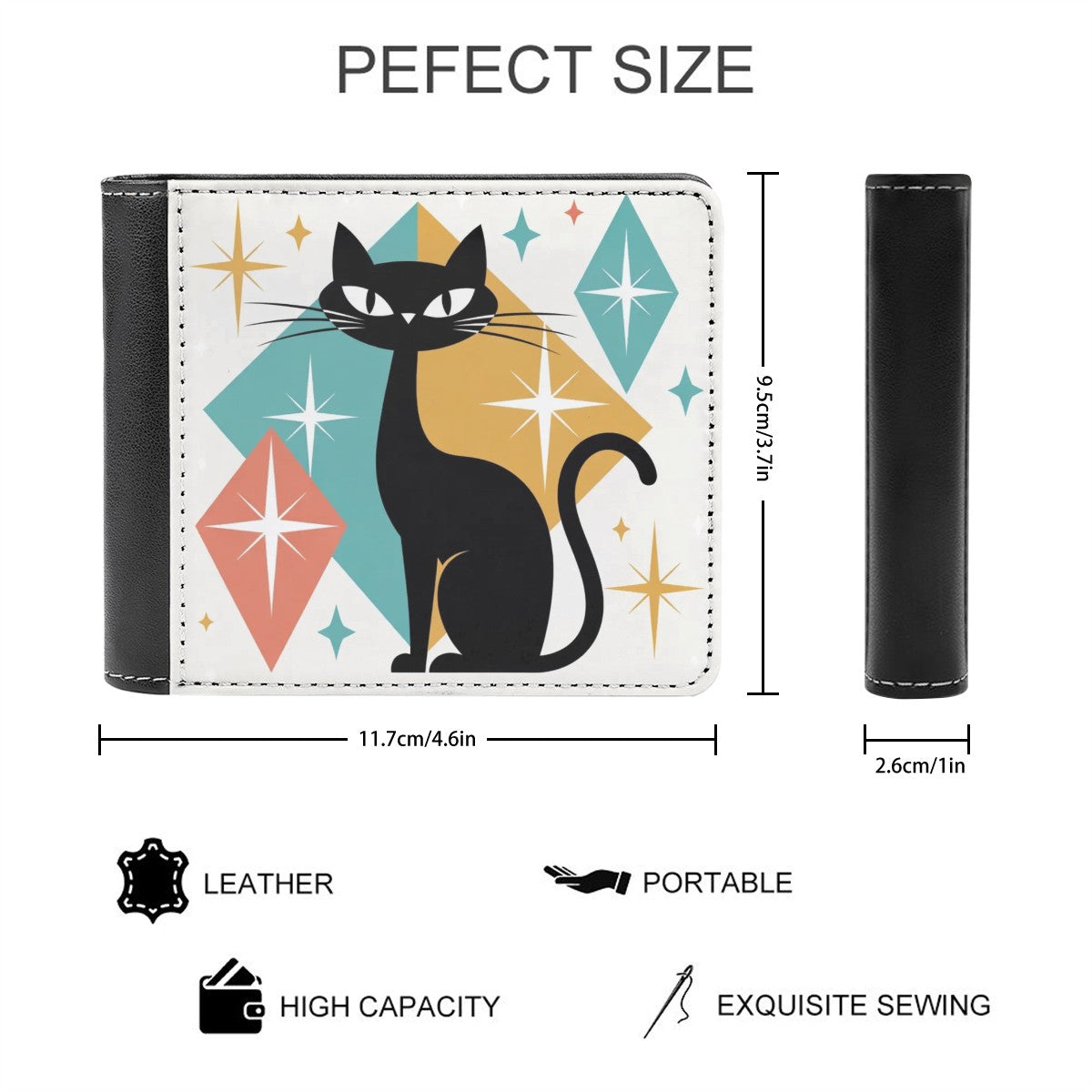 🐈 Atomic Kitsch Leather Wallet – Black Cat & Starburst Edition