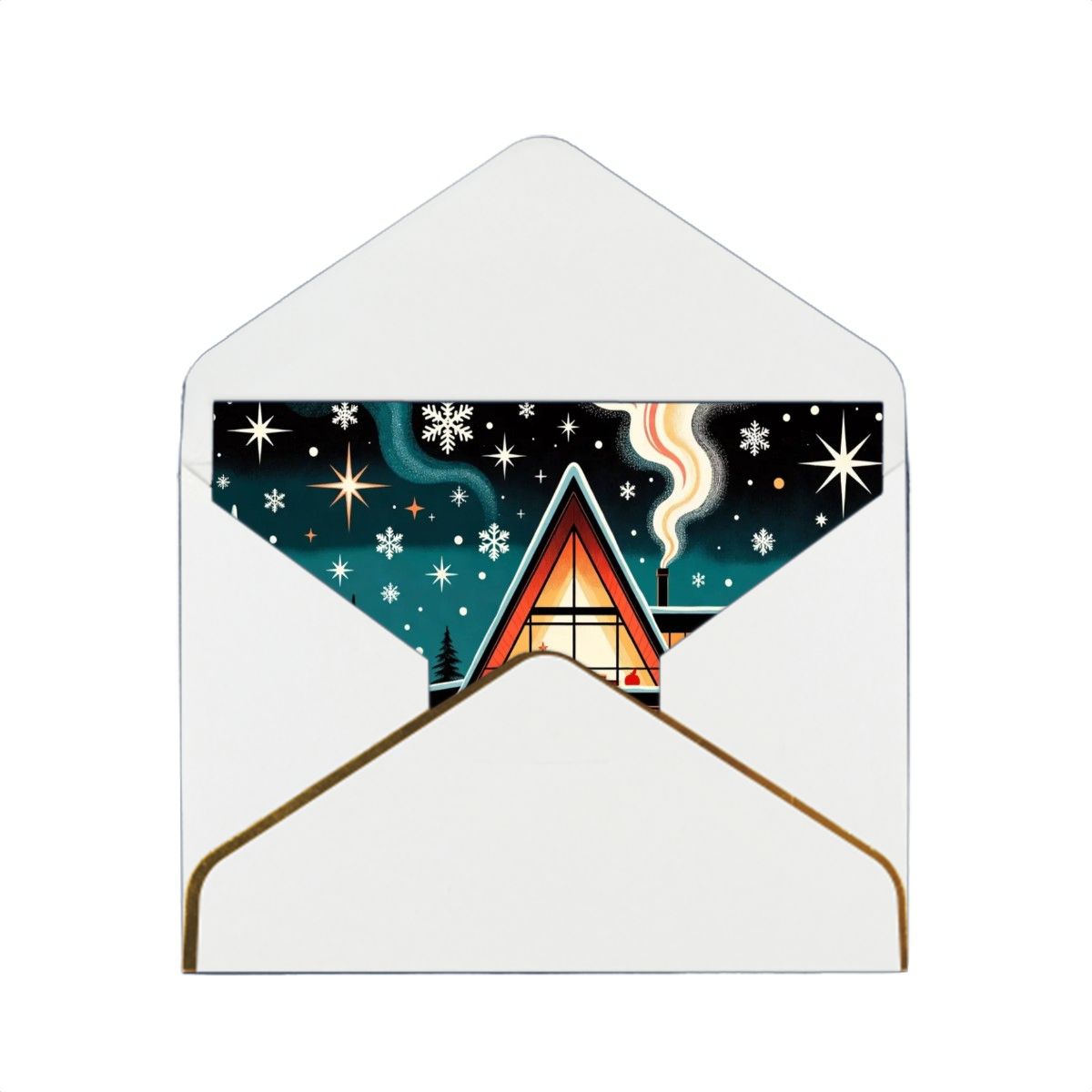 🏡 Atomic Kitsch Golden Edge Greeting Card – A-Frame Cabin Winter Edition (Horizontal)