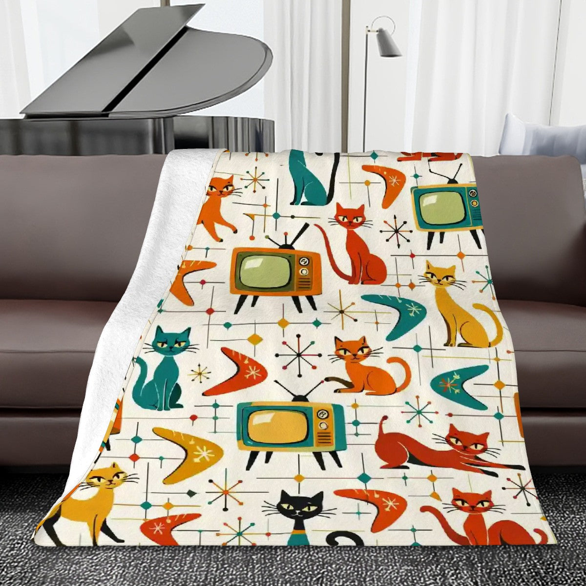 🐾 Atomic Kitsch Flannel Throw Blanket – Retro Cats & TVs Edition (Vertical)