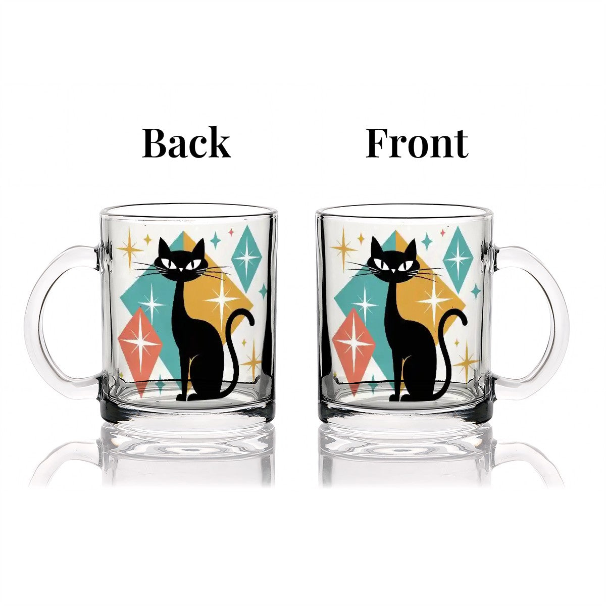 ☕ Atomic Kitsch Glass Coffee Cup – 12oz Black Cat & Starburst Edition
