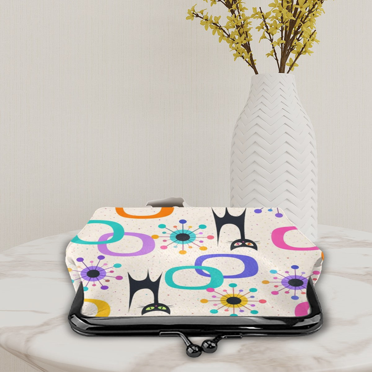 Atomic Cat & Circles Kiss Lock Coin Purse - Purr-fectly Retro!