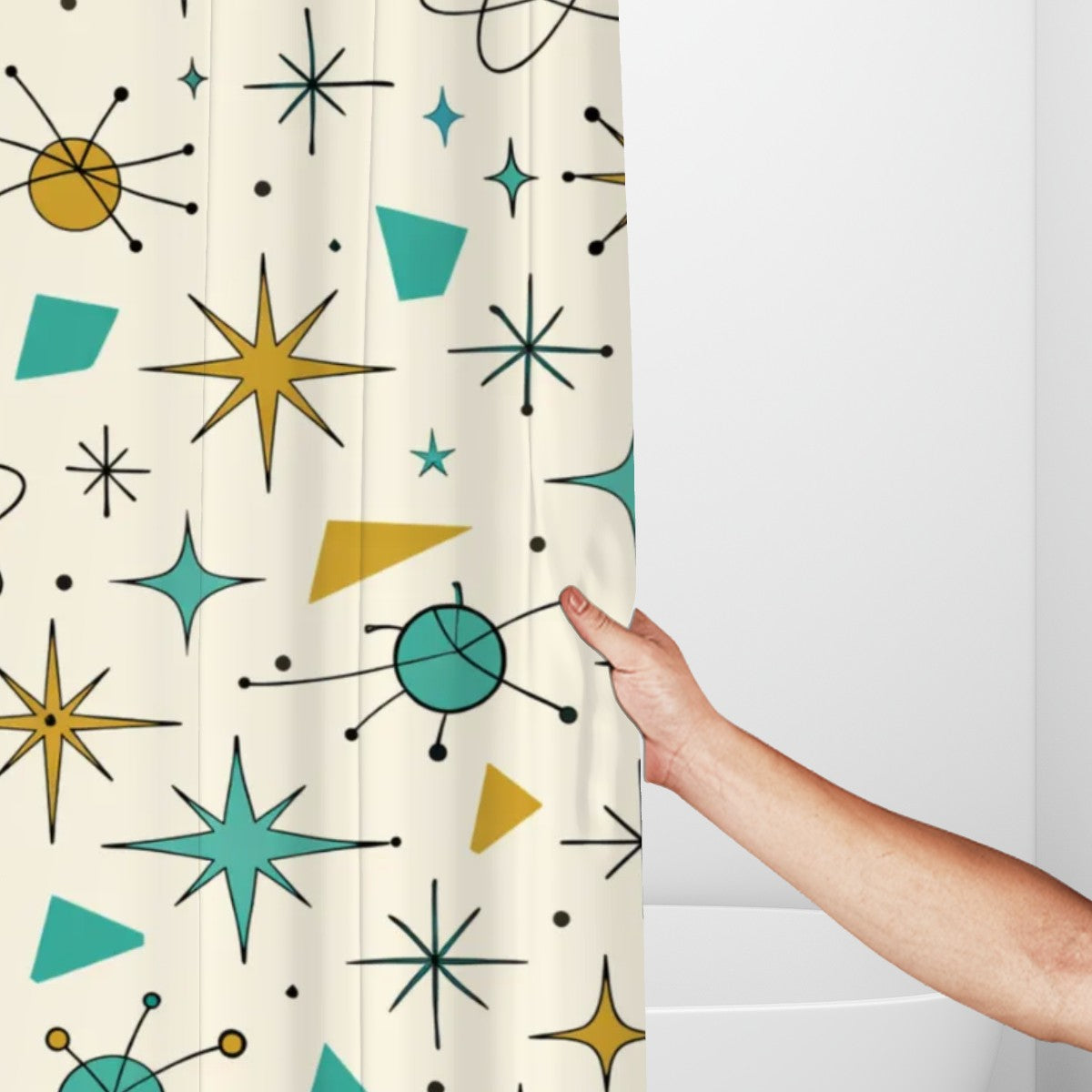 Atomic Stardust Bathroom Shower Curtain - Blast Off to Bathtime Bliss!
