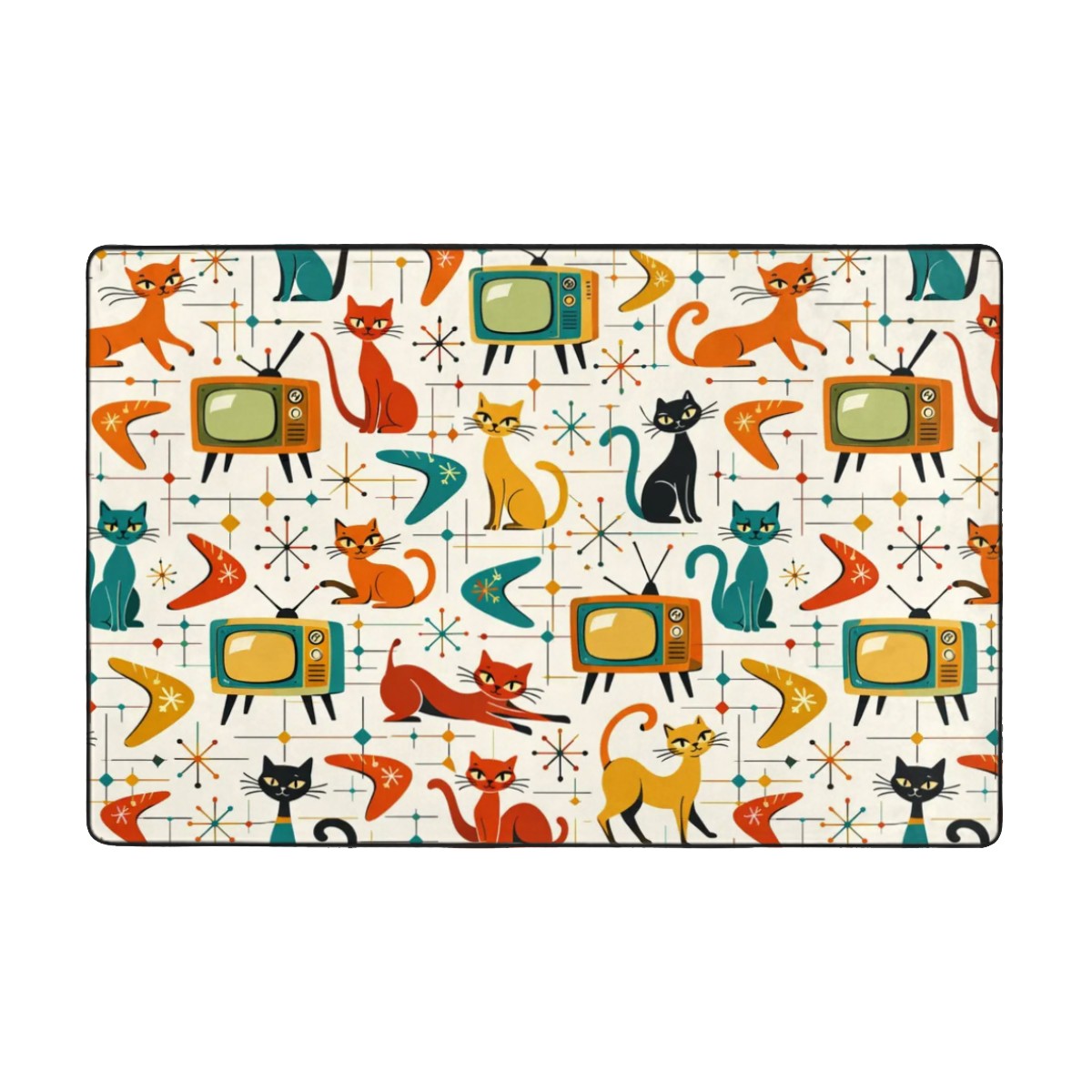 🐾 Atomic Kitsch Area Rug – Retro Cats, TVs & Starbursts in Soft Flannel