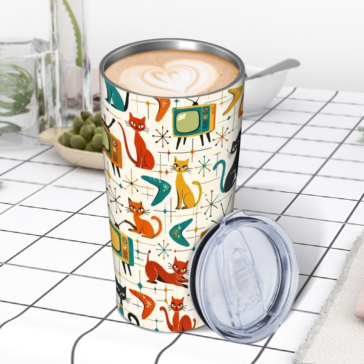 🥤 Atomic Kitsch Stainless Steel Tumbler – 20oz Retro Cat & TV Edition