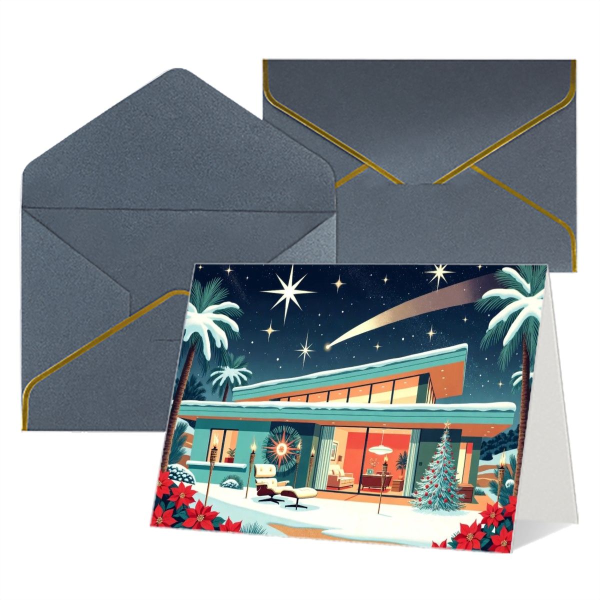 🏡 Atomic Kitsch Golden Edge Greeting Card – Mid-Century Palm Cabin Edition (Horizontal)