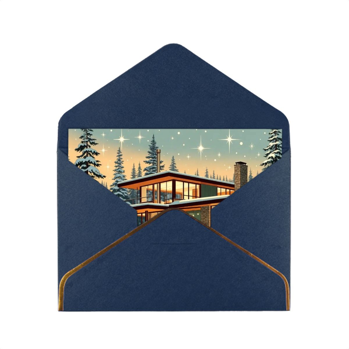 🌲 Atomic Kitsch Golden Edge Greeting Card – Cabin in the Snow Edition (Horizontal)