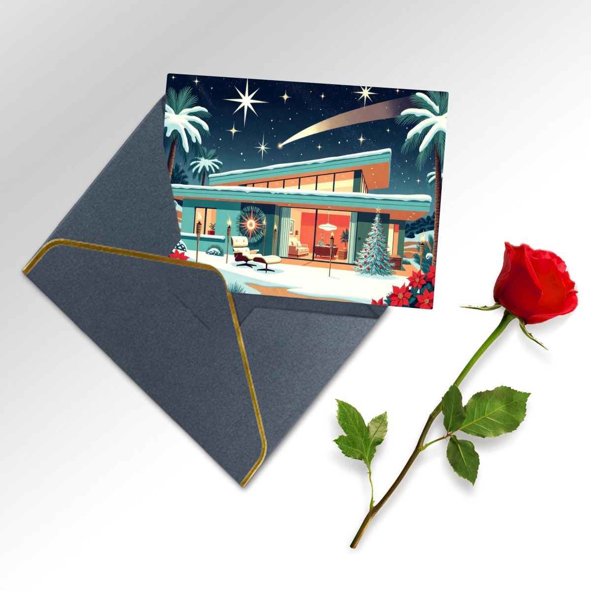 🏡 Atomic Kitsch Golden Edge Greeting Card – Mid-Century Palm Cabin Edition (Horizontal)